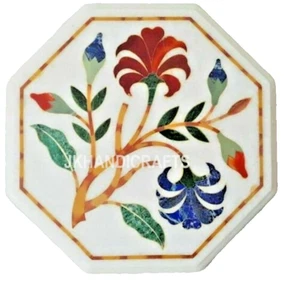 Marble Table Floral Semiprecious Inlay Work Home Decor Gift 18" Octagonal - Picture 1 of 7