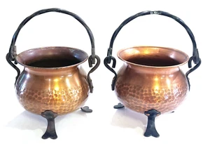 Lot 2 Small Vintage Hammered Copper Kettle Wrought Iron Handle Cauldron Germany - Picture 1 of 6