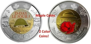 2019 75th D-Day Color + 2018 Armistice Color Canada Coin Toonie $2 BU UNC - Picture 1 of 1
