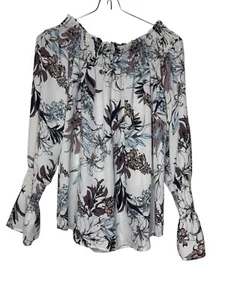 VeronicaM Womens Blouse Off Shoulder Smocked Long Sleeve Cuffed Top Large NWT - Picture 1 of 11