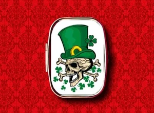 SKULL IRISH IRELAND SHAMROCK ST. PATRICK'S DAY STASH METAL PILL MINT BOX CASE - Picture 1 of 2
