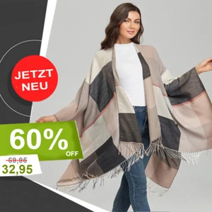 Beige Grau DAMEN edel PONCHO Wolle Umhang Cape Überwurf Winter Schal Mantel - Bild 1 von 7