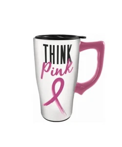 Ceramic Mug Travel White 16 ounce Spoontiques Think Pink - Picture 1 of 3