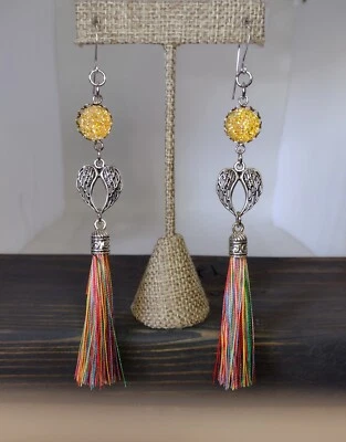 Pendientes Boho Arco Iris Alas Estimuladas Ágata Druzy Araña Colgante Borla Foto 1 de 3
