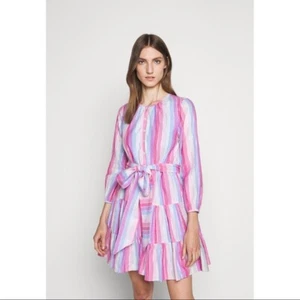 J. Vestido Crew Nuevo con Etiquetas Cinturón Abotonado Pastel XXS Rayas Rosa Púrpura Metálico - Imagen 1 de 12
