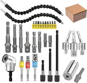 Juego de extensión de broca flexible 32 piezas kit de enchufe adaptador de ángulo recto plateado - Imagen 1 de 5