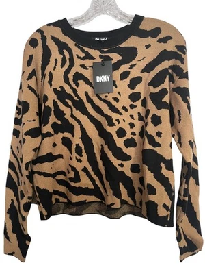DKNY Cropped Sweater Womens Small Brown Black Animal Print Waist Length - Image 1 of 4