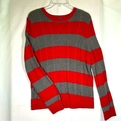 Suéter para mujer CHAPS rojo y gris cuello redondo tejido con cable rugby rayas preppy XL Foto 1 de 4