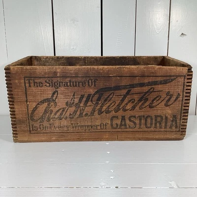 Antique Charles Fletcher Castoria Advertising Dovetail Wood Box Crate 16.5" X 8" - Image 1 of 4