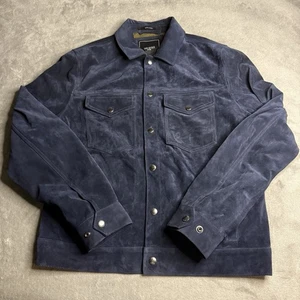 EUC TODD SNYDER Herren Medium Dylan italienisches Wildleder Druckknopf Trucker Jacke Kalbsleder marineblau - Bild 1 von 9