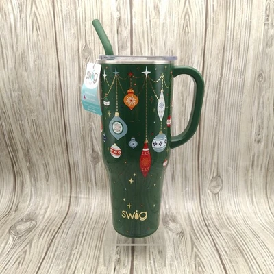 Mega Taza Swig Life 40oz Cubierta Verde The Halls Adornos de Navidad Nuevo con Etiquetas Vaso Taza Foto 1 de 4
