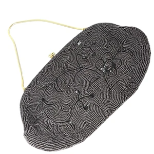 Vintage schwarze Perlen Abendtasche Clutch hergestellt in Japan mit Schmucksteinen besetzt Kiss Lock Goldkette - Bild 1 von 9