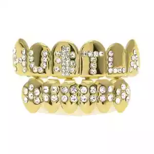 Men's HUSTLA Gold Plated Hip Hop Rapper Bling Teeth Grillz Top & Bottom Set - Picture 1 of 5