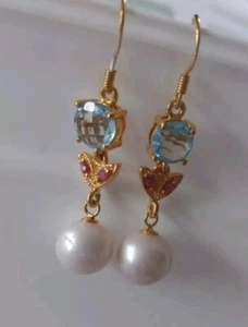925 Sterling Silver 10 mm. White Pearl, Topaz & Ruby Earrings 18K Gold Plated - Picture 1 of 11