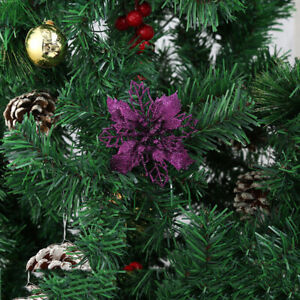 10X Xmas Glitter Christmas Poinsettia Hanging Flowers Party Tree Decoration Ar