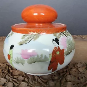 Kutani Oriental Asian woman geisha handpainted Tea ? Canister red landscape - Picture 1 of 12