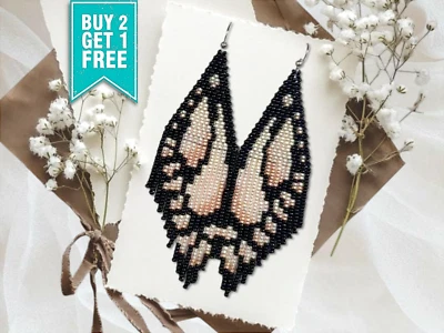 Beige Butterfly Beaded Fringe Earrings, Ombre Boho Dangle | Handmade Hippie - Image 1 of 4