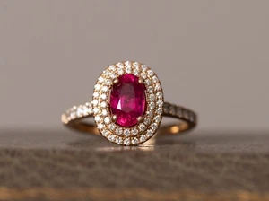 Rubin und Diamant Doppel Halo Cluster Ring 18kt Rotgold Größe K1/2 Oval Pavé Set - Bild 1 von 10