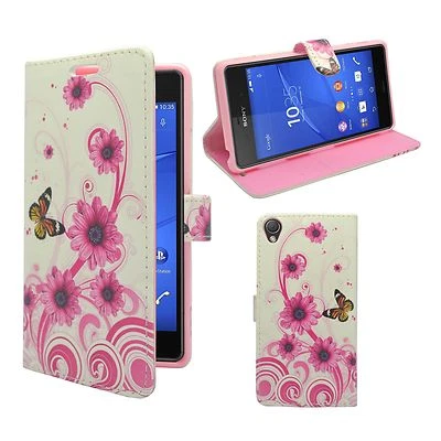 CASE FOR SONY XPERIA Z3 WHITE PINK SWIRL FLOWER BUTTERFLY PU LEATHER WALLET - Image 1 of 4
