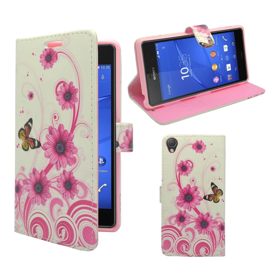 CASE FOR SONY XPERIA Z3 WHITE PINK SWIRL FLOWER BUTTERFLY PU LEATHER WALLET  - Image 1 of 4