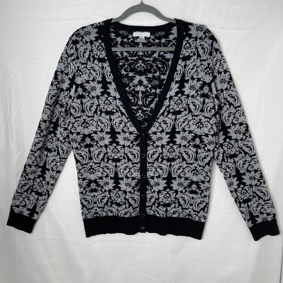 Cárdigan Suéter New York & Company Negro Metálico Estampado Floral Talla XL Foto 1 de 4