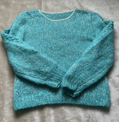 Vintage mohair Blend Sweater Woman Crew Blue Teal Turquoise White Wide Sleeves Foto 1 de 4
