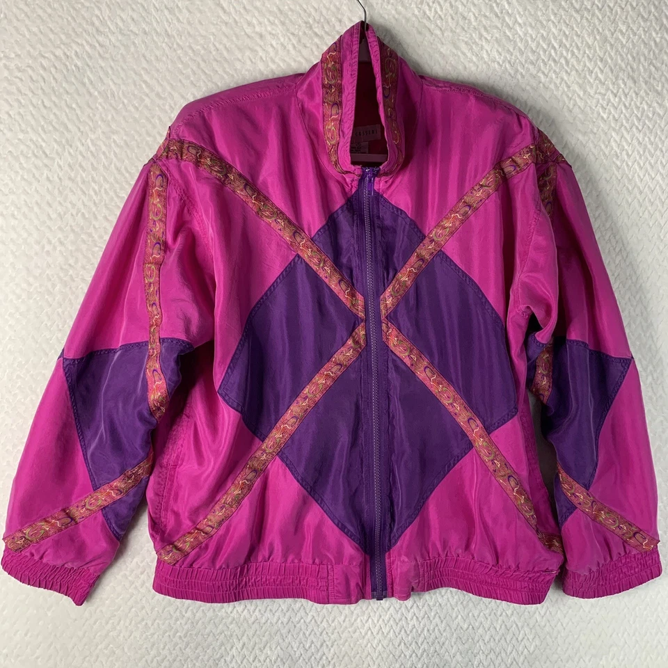 Chaqueta cortavientos vintage Oleg Cassini para mujer talla mediana 100 % seda Foto 1 de 4