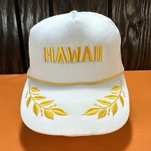 Vintage Hawaii Souvenir Trucker Hat Snapback Cap Mesh Gold 80s White Hawaiian - Picture 1 of 13