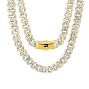 10k Yellow Gold 13mm Monaco Miami Cuban Link Diamond Cut Pave Chain Necklace 30" - Picture 1 of 8