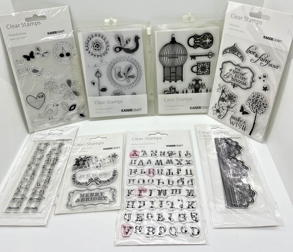 BONITO Lote 8 Juegos de Estampillas Acrílicas Transparentes Kaisercraft Mariposa Hadas Música Encaje Fuente Foto 1 de 4