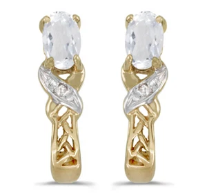 10k Yellow Gold Oval White Topaz And Diamond Earrings - Picture 1 of 2