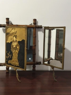 ancien miroir glace triptyque decor japonisant cadre Laiton bambou 19eme - Photo 1/4