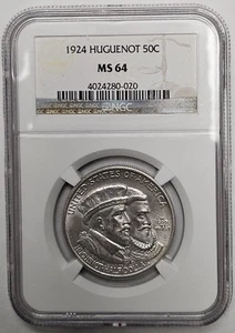 1924 Huguenot Commemorative Half Dollar 50c 90% Silver Coin NGC MS 64 - Picture 1 of 4