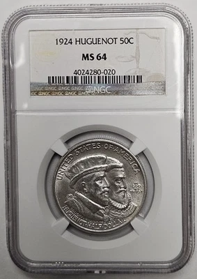 1924 Huguenot Commemorative Half Dollar 50c 90% Silver Coin NGC MS 64 - Image 1 of 4