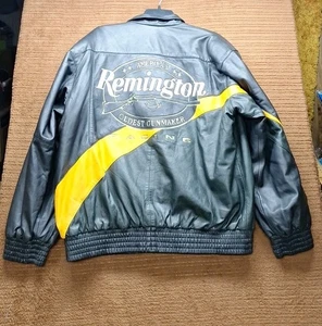 Remington Racing #75 Leather Jacket Vtg Mens XL Lined Green Black Yellow - Picture 1 of 21
