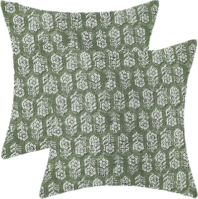 Block Print Green Floral Pillow Covers 18x18 Inch Set of 2, Green Neutral Decora - Image 1 of 4