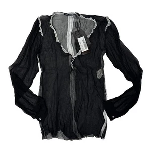 Dolce & Gabbana 100% Silk Sheer Ruffle Trim Top Black Size 42 Small New - Picture 1 of 12