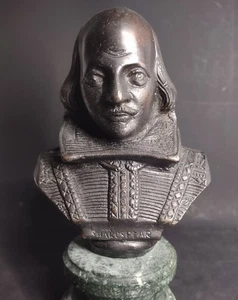 Vintage Patinaed Bronze Bust  Shakespear Green Marble Base  Bookshelf Library  - Picture 1 of 23