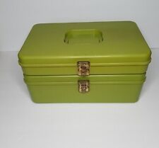 2 MCM Green Wil-Hold Spool Sewing Boxes One w/Tray Metal Clasps Wilson Mfg USA