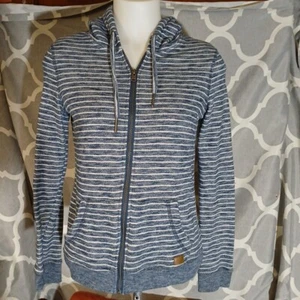 Roxy Womans Medium Zip Up Sweater W/ Hood White Navy Stripes Pockets - Picture 1 of 16