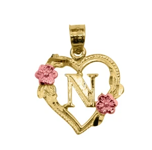 Genuine 14k Two-tone Gold 0.66" Initial N Heart-shaped Flower Pendant For Women - Picture 1 of 5