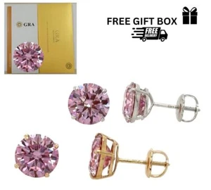 14K Gold GRA Certified D-VVS1 Round Pink Moissanite Screw Back Studs Earrings - Picture 1 of 6
