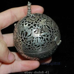 Old Silver Handmade Carved Crane Pattern Hang Ball Incense Burner Antique - Picture 1 of 6