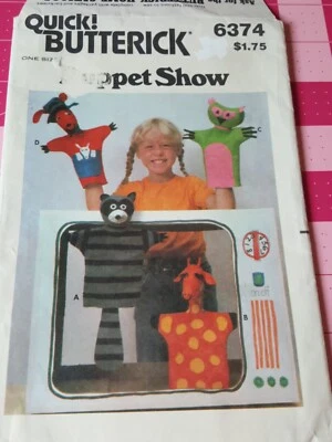 VTG Butterick Pattern 6374 Hand Puppet Show Kangaroo Giraffe Owl Raccoon UNCUT - Image 1 of 2