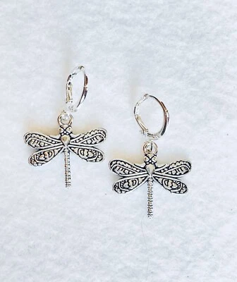 Dragonfly Earrings Sterling Silver Hoops Dangle Y2K Minimalist - Image 1 of 3