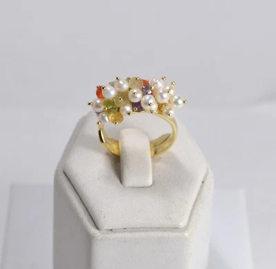 ANELLI ARGENTO 925 DORATO PERLE PICCOLE PIETRE NATURALI REGOLABILE      AGNK 090 - Immagine 1 di 3