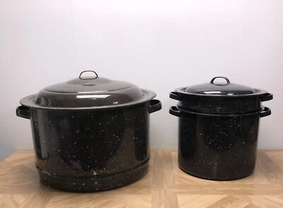 VTG Black Enamel Graniteware Lg Pot And Stock Pot Vegetable Steamer Strainer Lid - Image 1 of 4