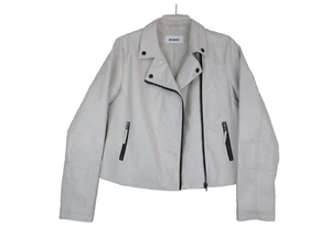 BB Dakota Moto Biker Jacket Sz Medium Off White Vegan Leather Contrast Zippers - Picture 1 of 10