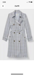 Club Monaco Plaid Everywear Womens Sz M Trench Coat Powder Blue Old Money Office - Picture 1 of 11