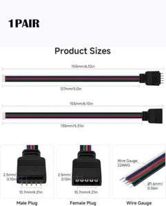 1Pair 15cm 5Pin JST SM Male/Female 24AWG Connector for 5050SMD RGBW LED Strip - Picture 1 of 4
